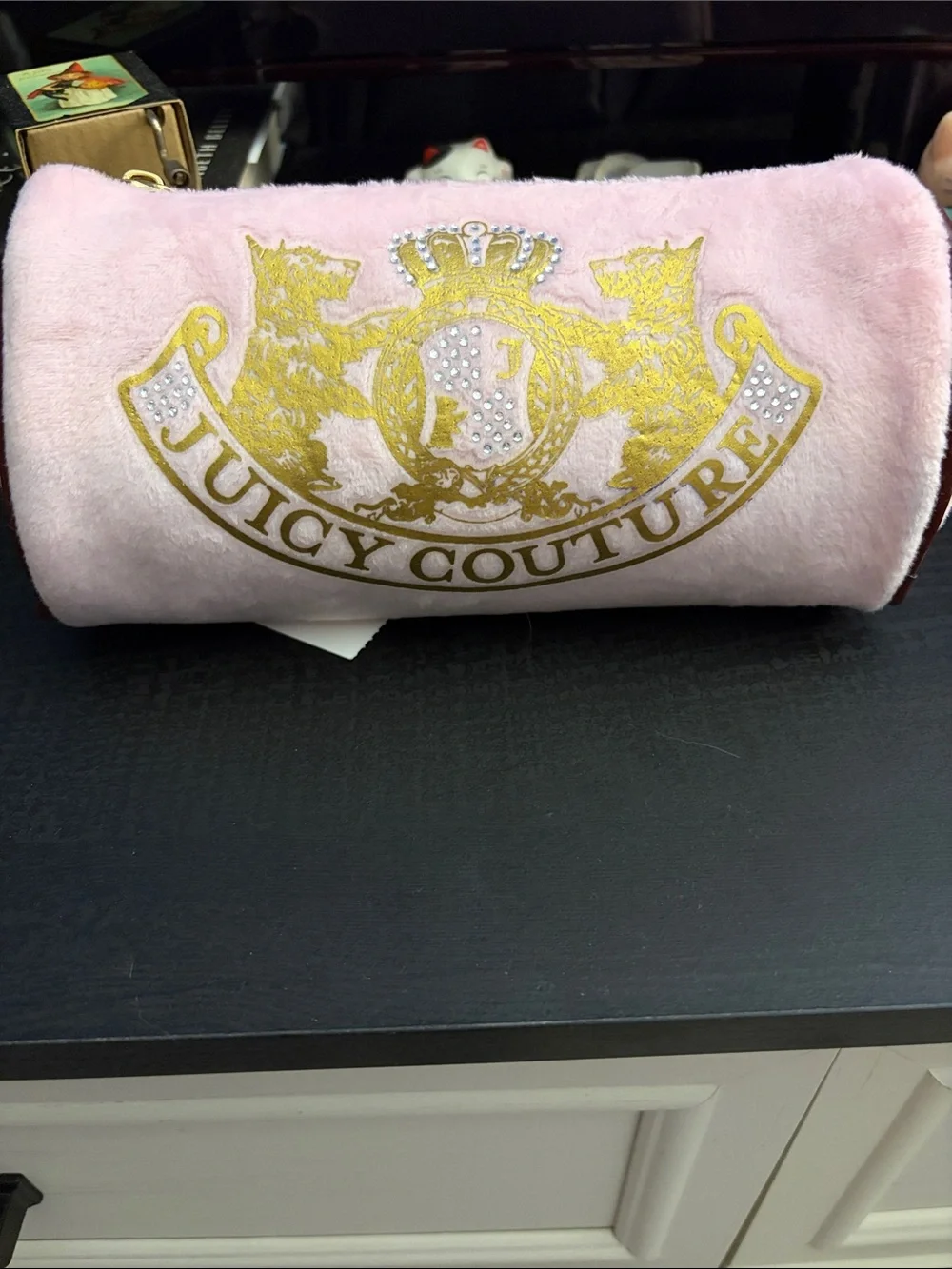 Juicy Couture Pink Plush Phone Case with Gold Crest and Crystal Accents